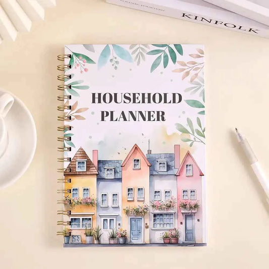 Undated household planner with spiral binding and colorful city buildings cover