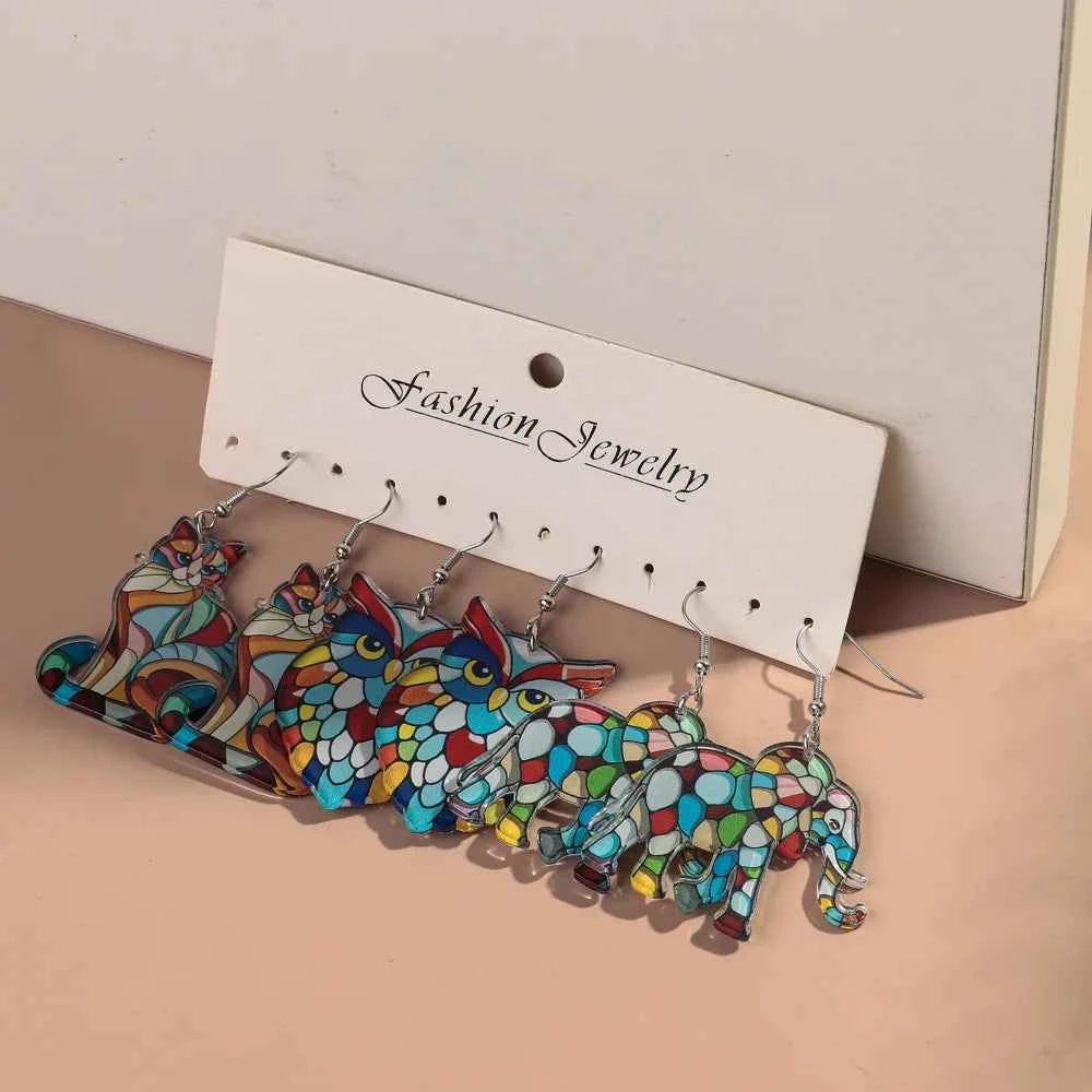 New Church Colorful  Cat Owl Elephant Acrylic Earrings Set for Women 3pair Cute Cartooon Animal Drop Earring Funny Jewelry Gifts