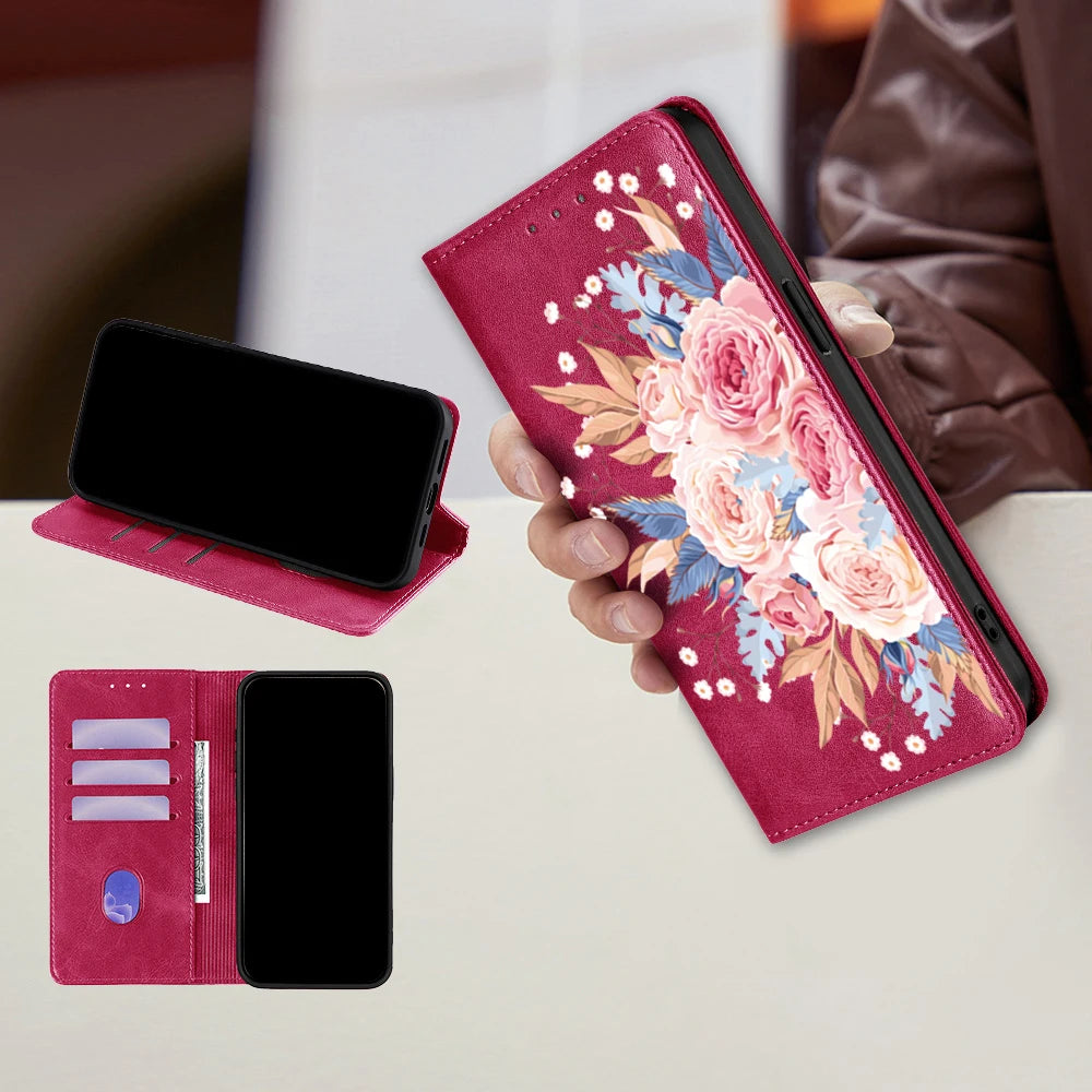 Flower Pattern Magnetic Leather Flip Wallet Case for iPhone 17 Pro Max 16 15 14 13 12 11 Pro Max 16 Plus Air Card Slots Holster