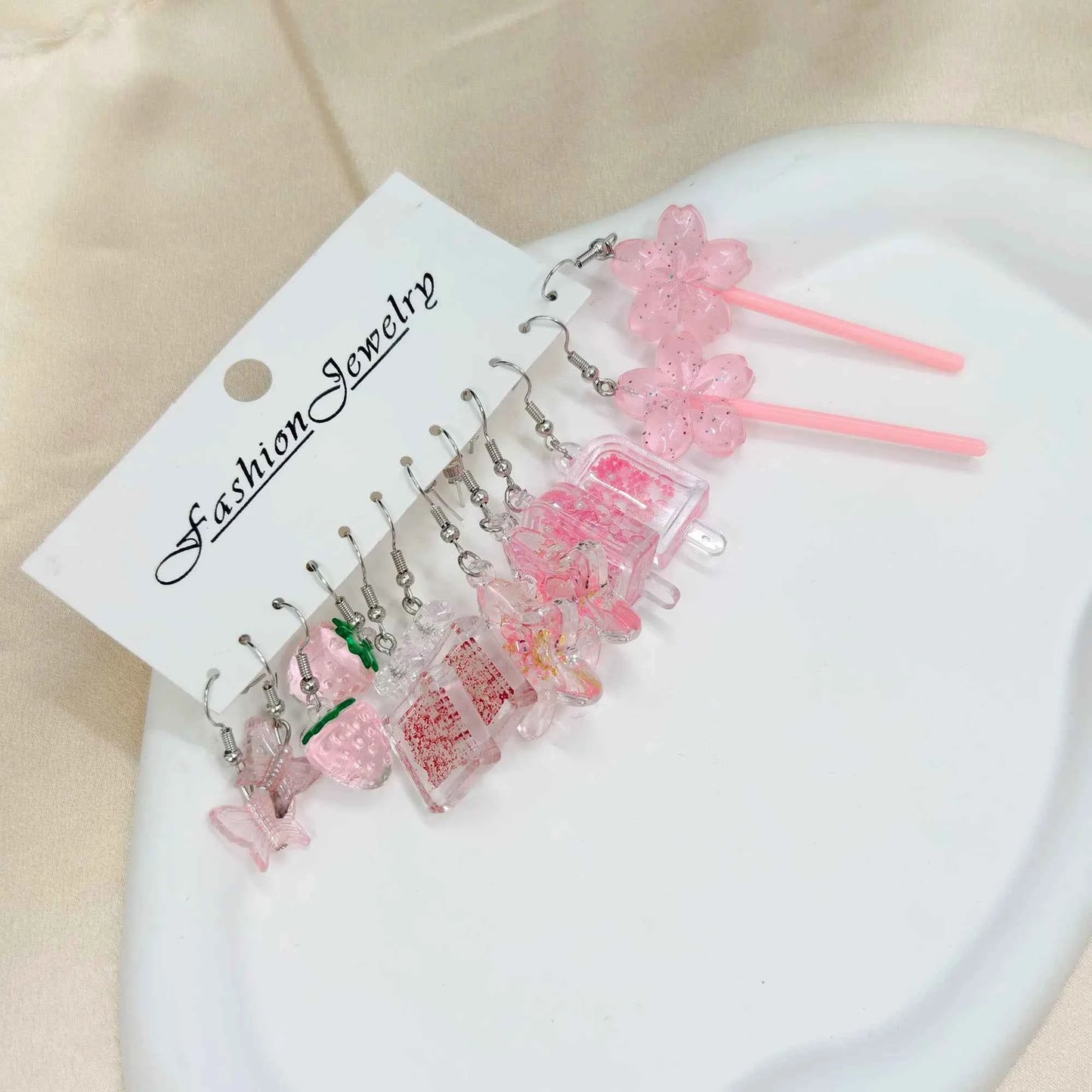 12pcs Strawberry Starfish Ice Bar Earrings, Resin Simulation Flower Candy Earrings Set