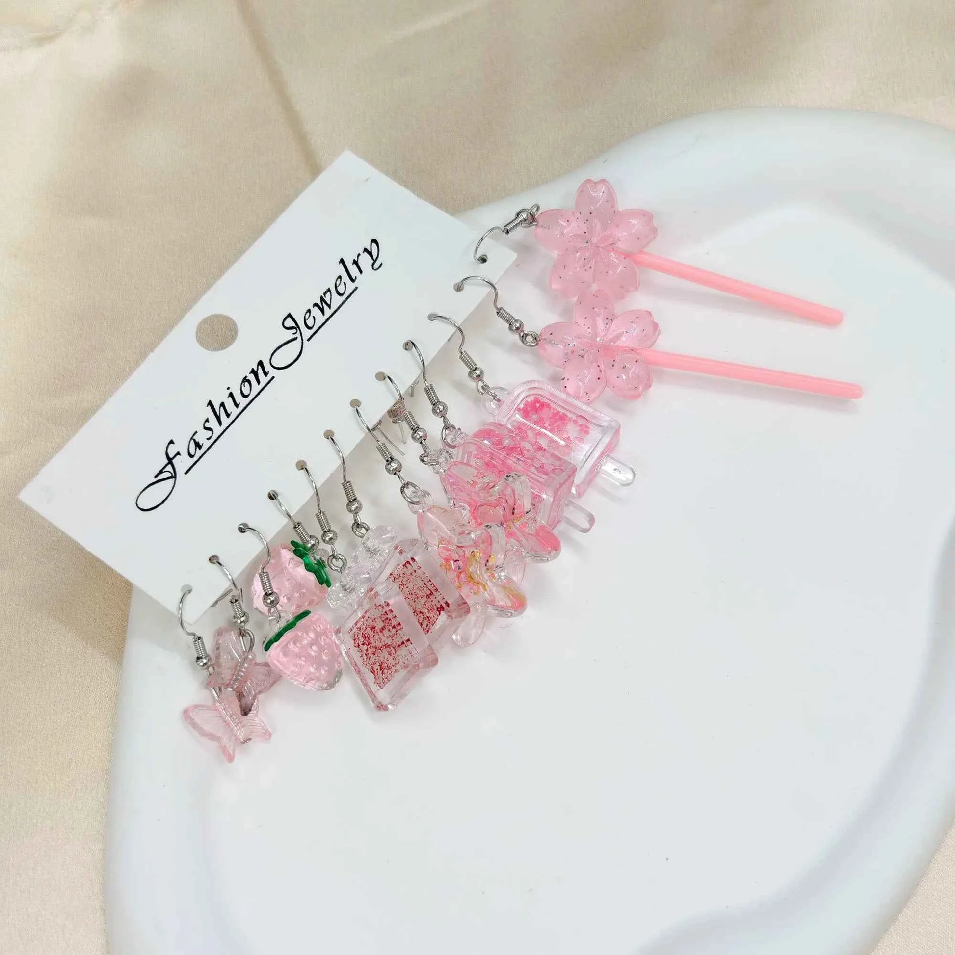 12pcs Strawberry Starfish Ice Bar Earrings, Resin Simulation Flower Candy Earrings Set