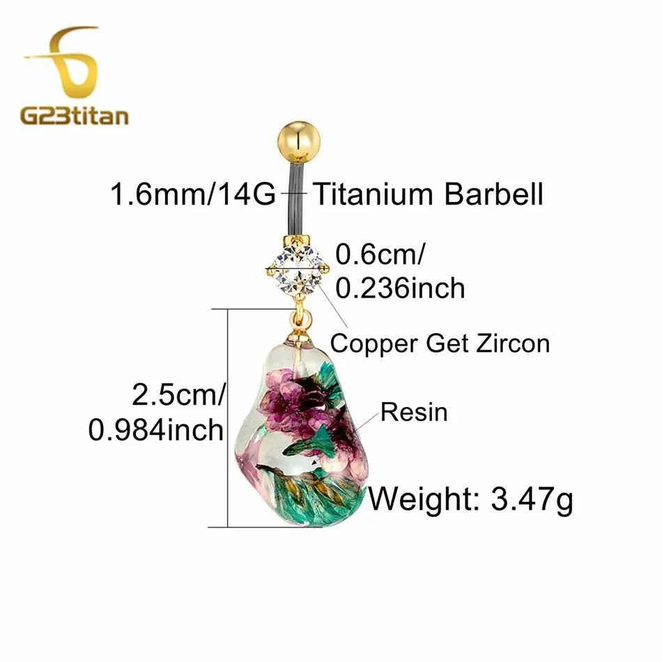Transparent Resin Flower Charm Dangle Belly Button Ring 14G Allergy Free Titanium Bar Navel Piercing Women Summer Beach Jewelry