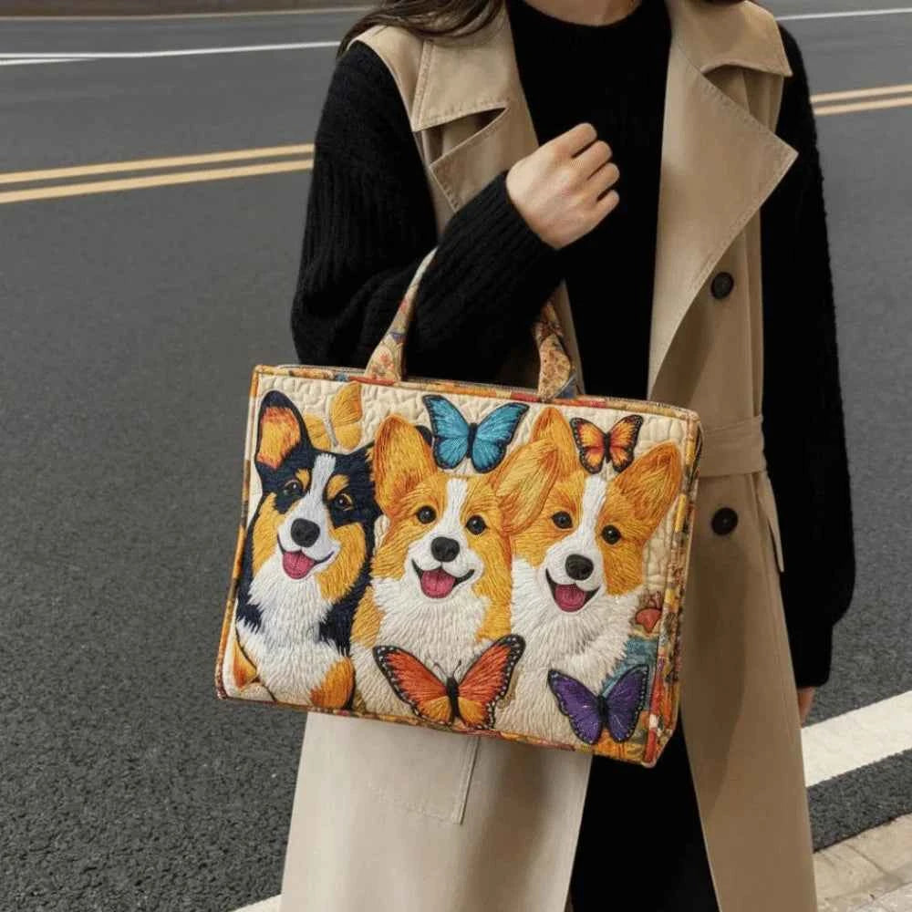 Vintage Women Quilted Tote Bag Lightweight Cotton Travel Handbag 2D Printed Patterns Large Capacity Canvas Shoulder Bag
