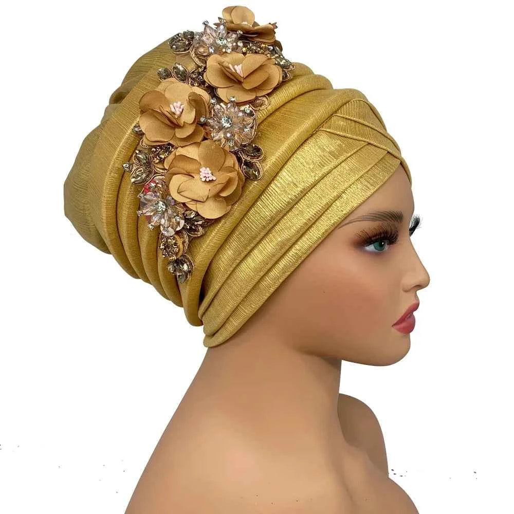 Already Made Wedding Geles Female Head Wraps with Diamond Flower 2024 New African Women's Turban Cap Nigeria Auto Gele Headtie