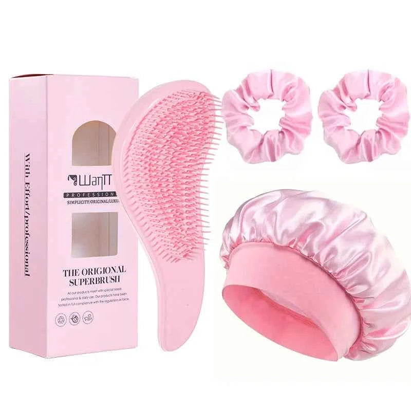 2/4Pcs Hair Care Set Scalp Massage Detangling Comb + Satin Sleep Cap + 2 Hair Scrunchies, Anti-Frizz Hair Accessories for Women