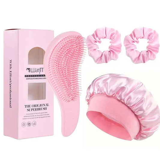 2/4Pcs Hair Care Set Scalp Massage Detangling Comb + Satin Sleep Cap + 2 Hair Scrunchies, Anti-Frizz Hair Accessories for Women