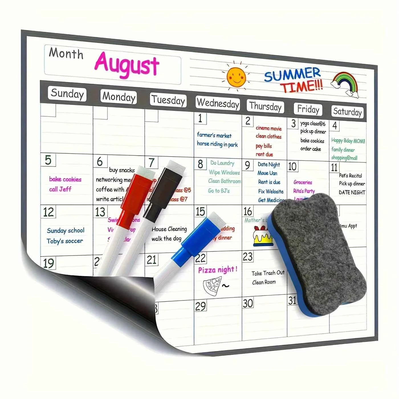 Magnetic refrigerator calendar planner is erasable and reusable, making it easy to organize kitchen refrigerators and meal plans