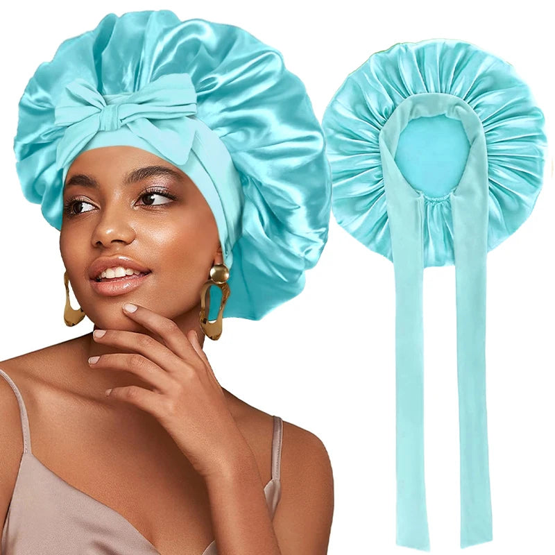 New Women Satin Solid Sleeping Hat with Stretchy Tie Band Elastic Night Shower Cap Adjustable Hair Head Cover Bonnet turban