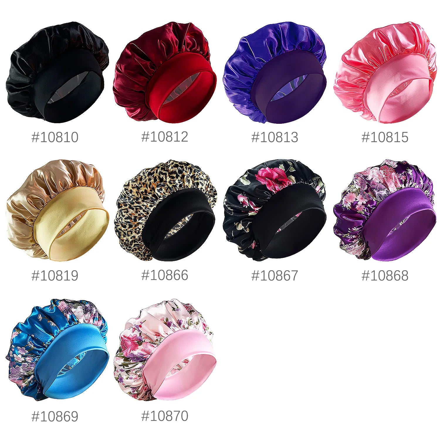 10PCS Women Satin Bonnet Elastic Wide Band Night Sleep Hat Solid Floral Printed Soft Silk Cap Set Beauty Salon Hair Care Hats - NamafadStore