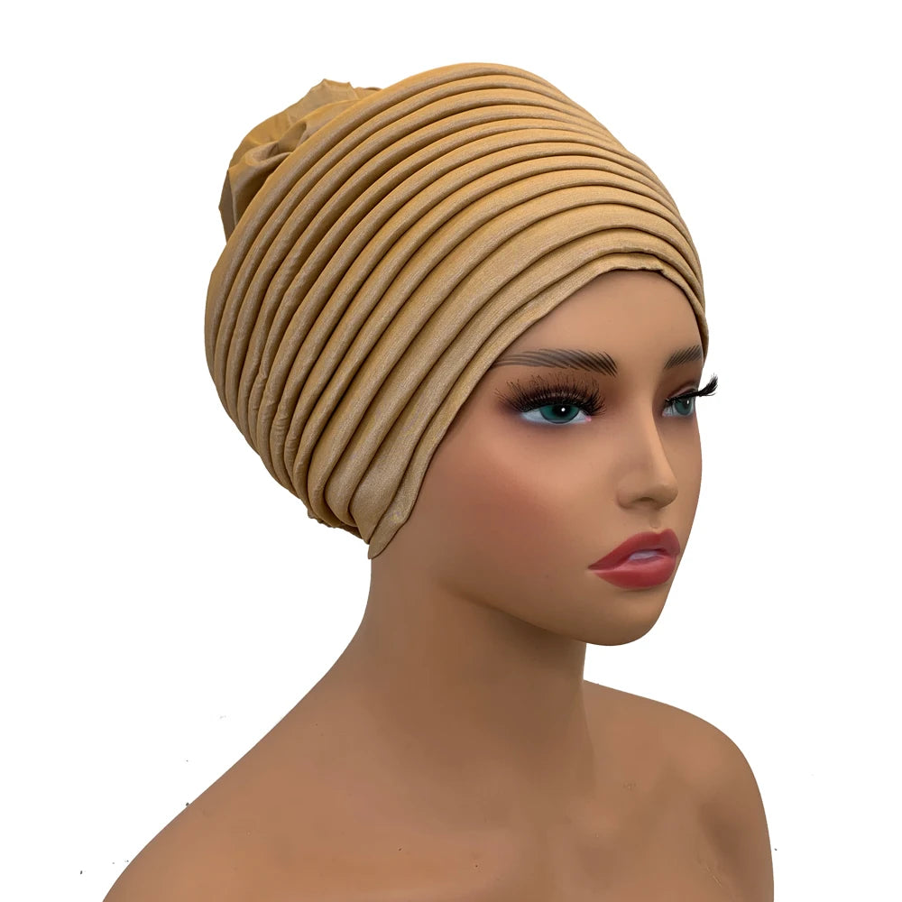 New Raw Silk Pleated Turban Cap for Women African Female Head Wraps Nigeria Lady Headwear Hat Wedding Headtie - NamafadStore