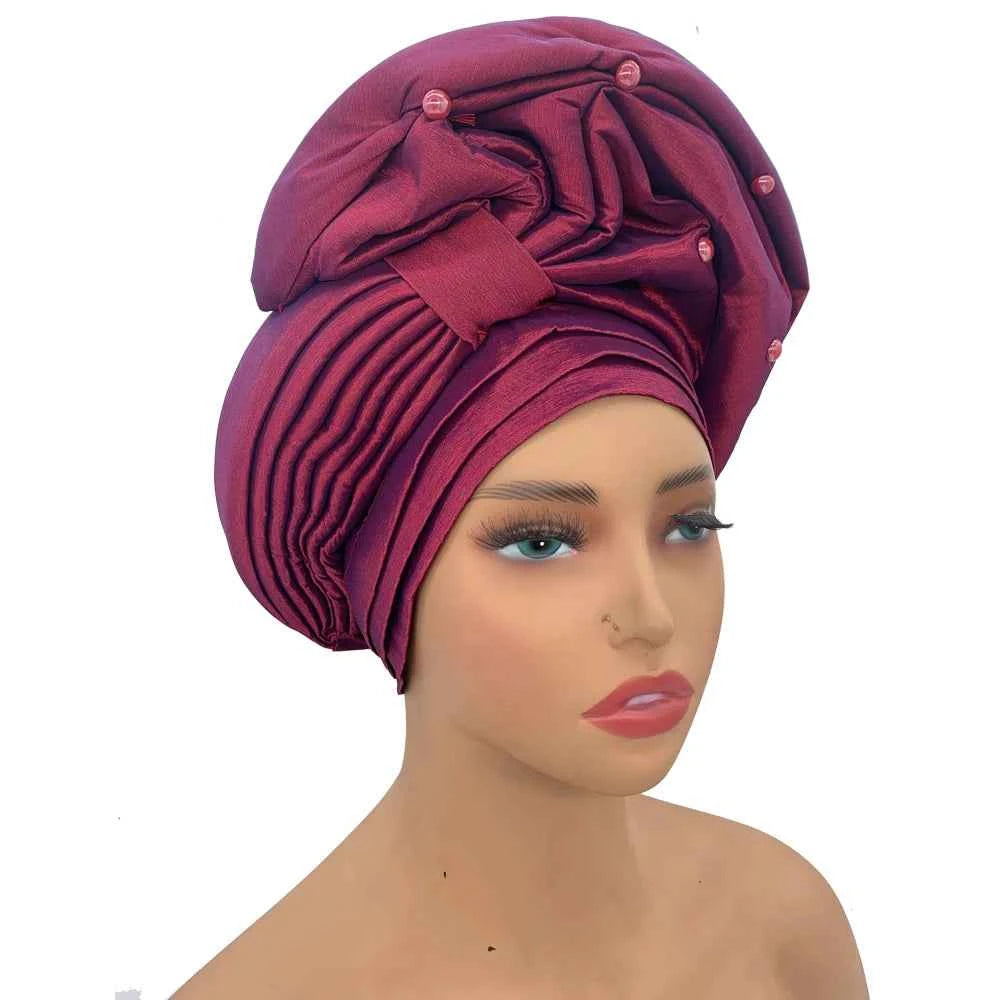 African Female Head Wraps Raw Silk Turban Cap for Women Nigeria Wedding Party Headcover Hat Ready to Wear Head Ties