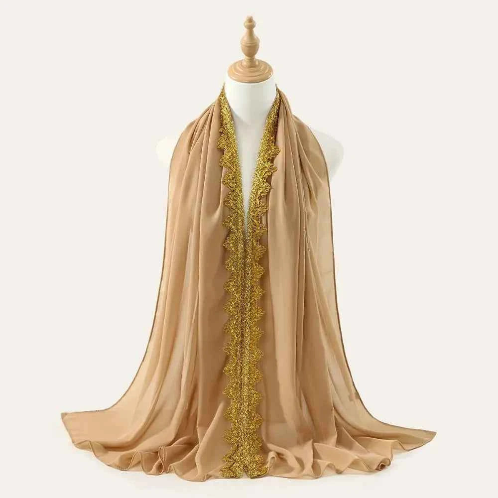 Luxury Silk Chiffon Hijab Scarf Long Gold Sequin Wraps Shawl Glitters Thin Islamic Turban Beach