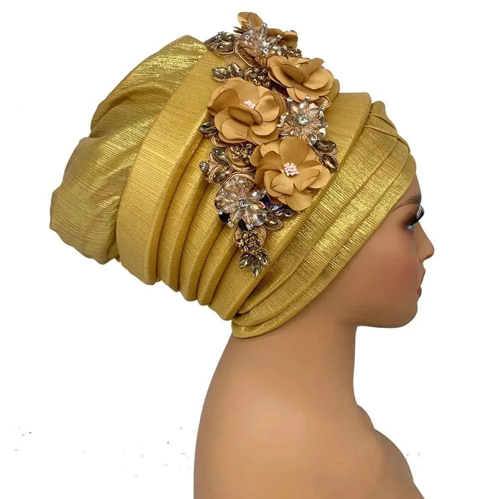 Already Made Wedding Geles Female Head Wraps with Diamond Flower 2024 New African Women's Turban Cap Nigeria Auto Gele Headtie