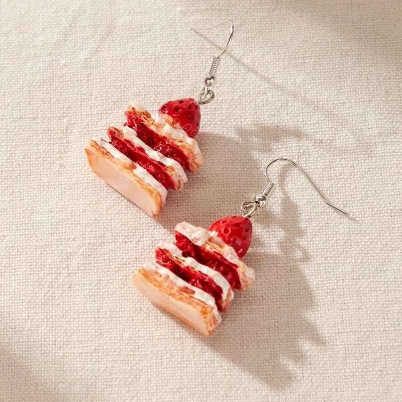 Unique Strawberry Cake Earrings Food Shaped Ear Rings Handcrafted Eardrops Ear Pendants Stylish Accessories for Girls