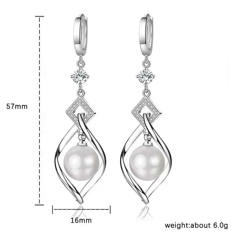 925 Sterling Silver Crystal Zirconia Natural Pearl Earrings, Women's Fashion Gorgeous Wedding Engagement Party Jewelry