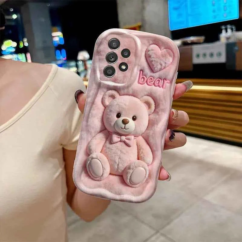 Cartoon Pink Plush Bear Printed Phone Case For Samsung Galaxy A16 A26 A36 A56 A55 A54 S26 Ultra S25 S24 S23 FE S22 S21Plus Cover