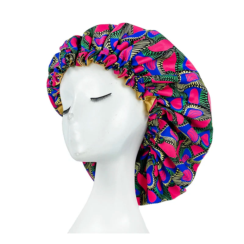 New Big Print Ankara Women Satin Bonnet Head Cover Silky Satin Elastic Sleep Cap Ladies Head Wrap Hat Hair Accessories Fashion - NamafadStore