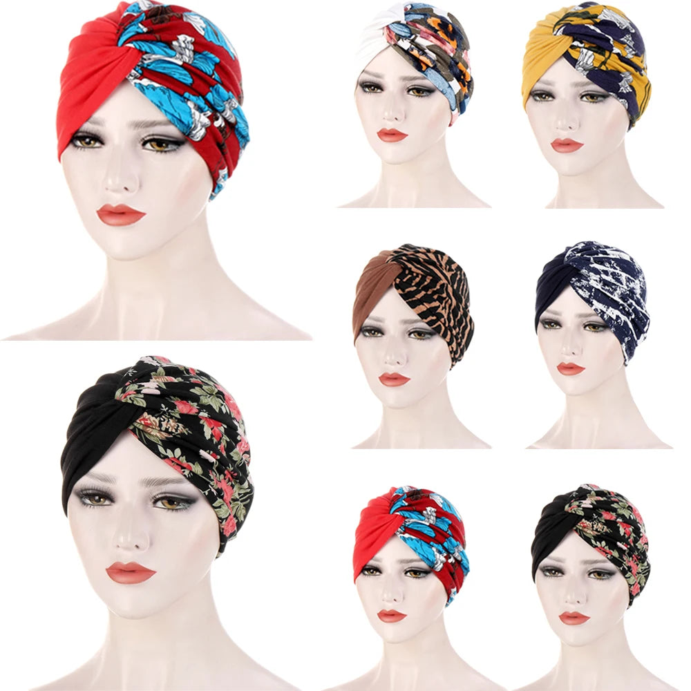 Twist Knot Muslim Women Print Indian Chemo Cap Bonnet Turban Underscarf Cancer Beanies Islamic Arab Strech Femme Headwear Scarf - NamafadStore