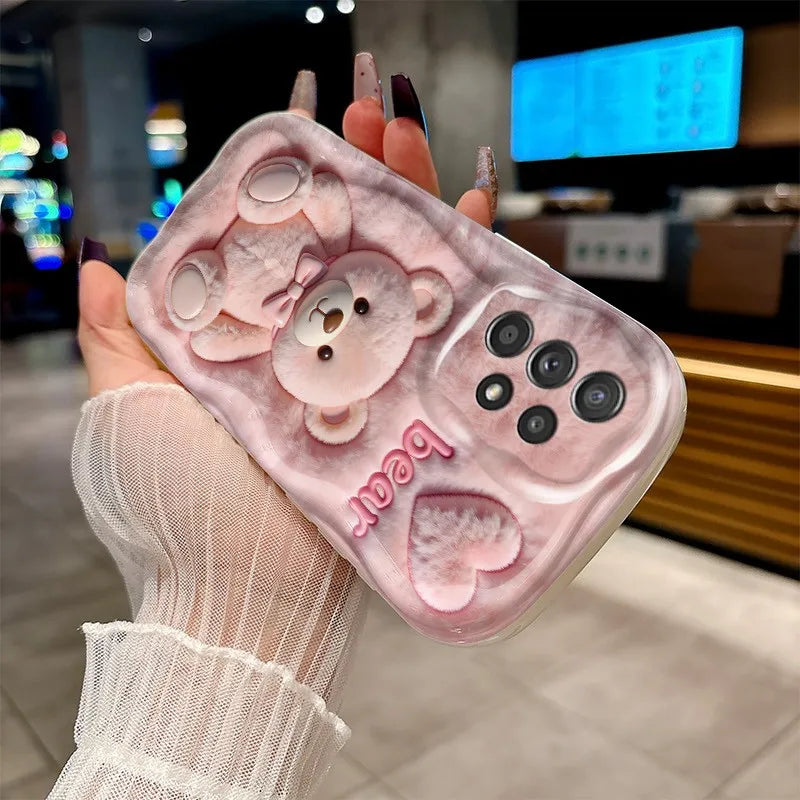 Cartoon Pink Plush Bear Printed Phone Case For Samsung Galaxy A16 A26 A36 A56 A55 A54 S26 Ultra S25 S24 S23 FE S22 S21Plus Cover