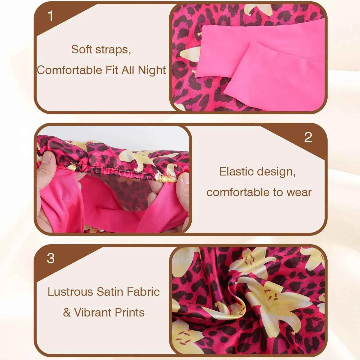 1pc Adjustable Sleep Hair Bonnet, Leopard and Lily Flower Printed Caps for Women, Adjustable Large Night Cap with Long Band