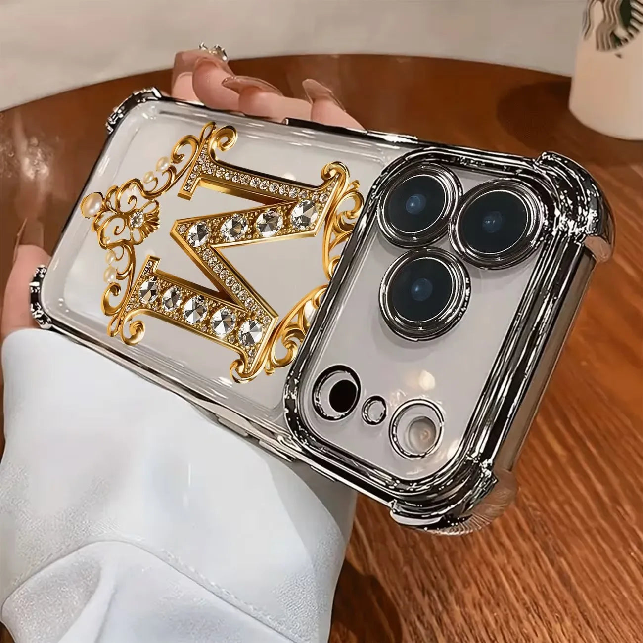 Diamond Golden "M" Pattern New Electroplated Transparent TPU Case For iPhone 17 Pro Max Air 16 15 14 Plus 11 12 13 Bumper Cover