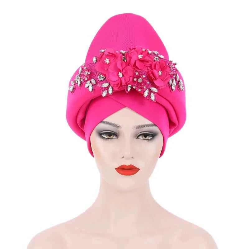 Beaded Nigeria Gele Ready African Headtie Female Head Wraps Party Headpiece Muslim Headscarf Hat Women's Turban Cap with Stones