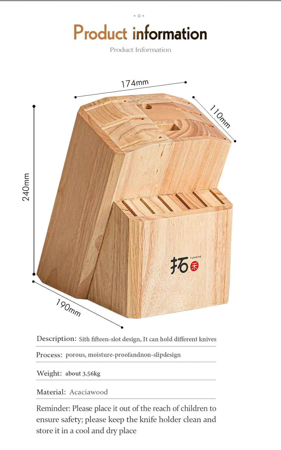 TURWHO Knife Stand Acacia Solid Wood For 15PCS Kitchen Knives Set Scissors Sharpening Rod Holder Knife Block Shelf Storage Tools