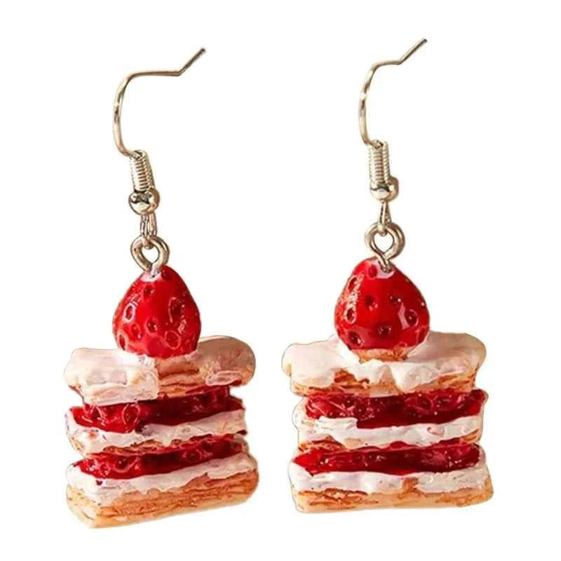 Unique Strawberry Cake Earrings Food Shaped Ear Rings Handcrafted Eardrops Ear Pendants Stylish Accessories for Girls