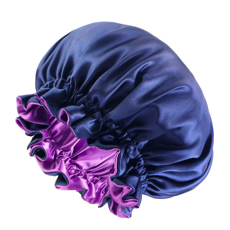 New Solid Elastic Double Layer Satin Bonnet Nightcap Women Night Sleep Hair Protection Hat Reversible Sleeping Hat Hair Care New - NamafadStore