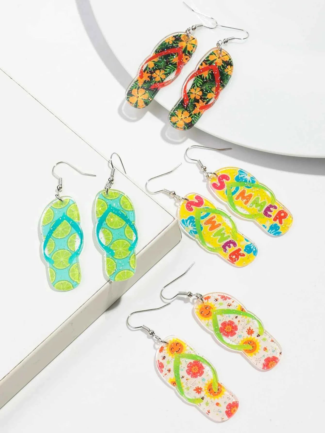 Bohomian Summer Acrylic Flower Slippers Earrings for Women Boho Resin Cute Lemon Leopard Print Shoes Earring Design Jewelry