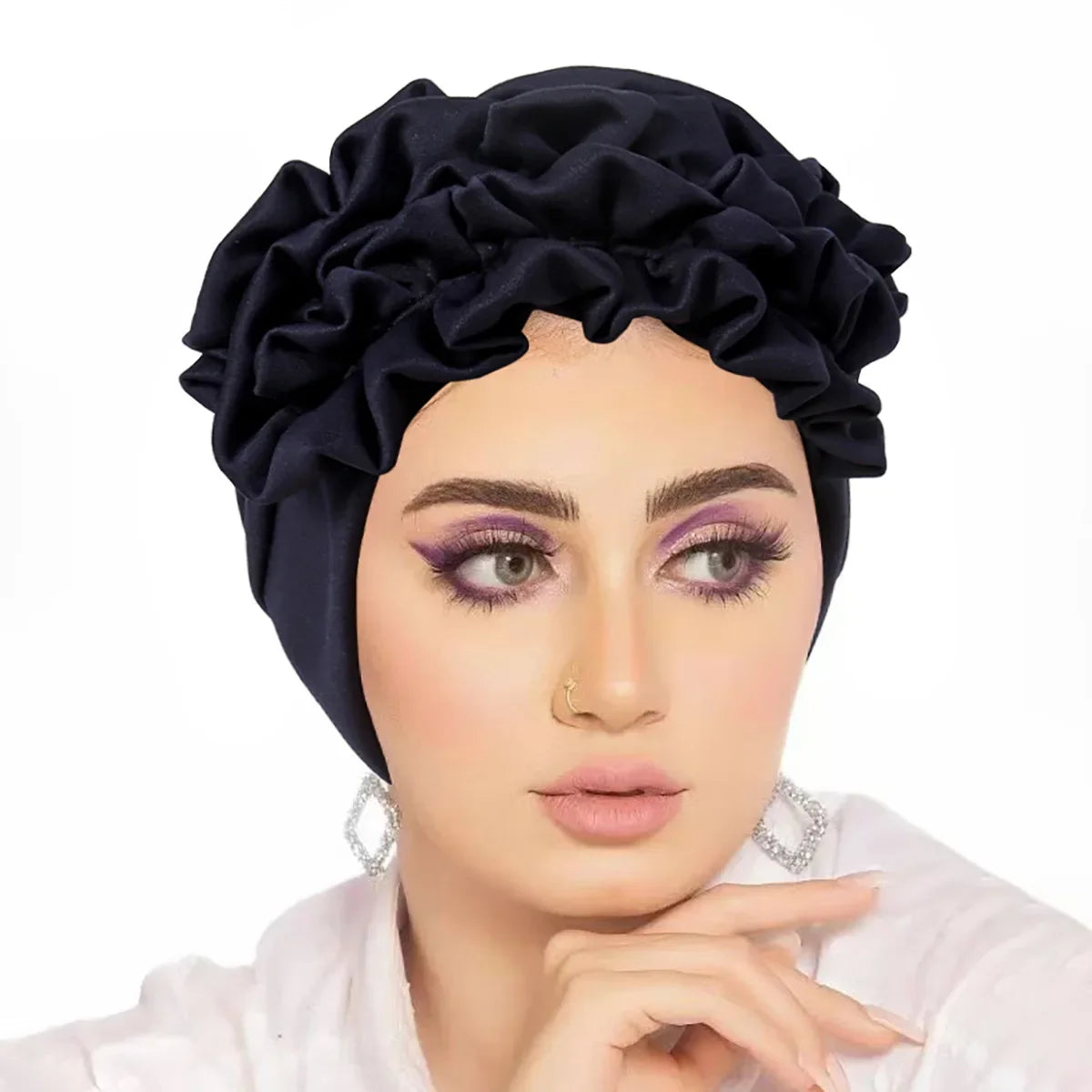 Trendy Crinkle Women's Hijab Solid Color Muslim Ladies Turban Bonnet Flower Decor Ramadan Head Wrap Head Scarf Indian Hat Mujer - NamafadStore