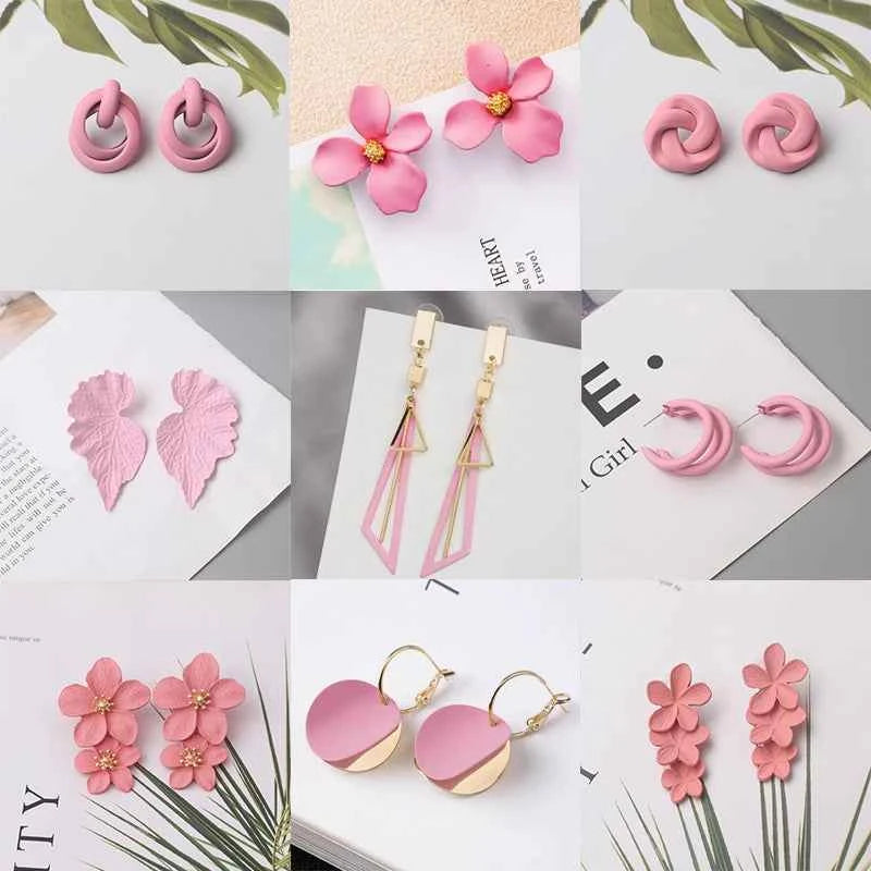 Pink Color Dangle Earrings for Women Korean Fashion Flower Long Hanging Earrings Butterfly Heart Pendants Twist Drop Earrings