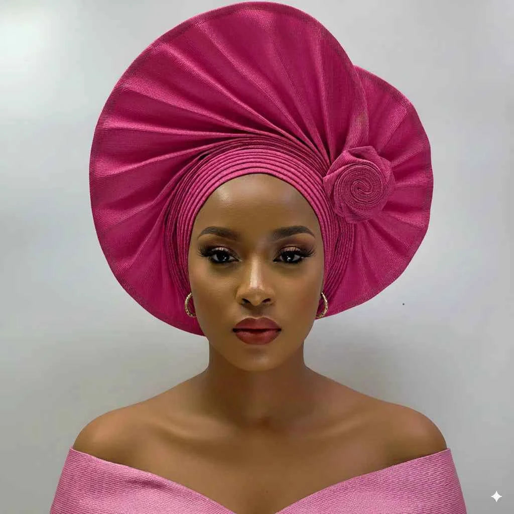 Already Made Headtie Pink African Headtie Gele Headwear for Wedding , Nigerian Braid Turbans Wraps,