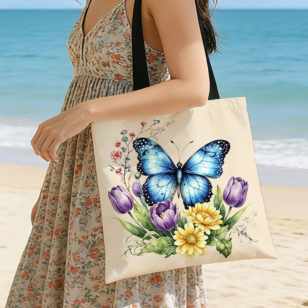 1pc Watercolor Blue Butterfly Floral Canvas Tote Bag – Vibrant Botanical Print with Tulips, Daisies & Wild Sprigs, Eco-Friendly