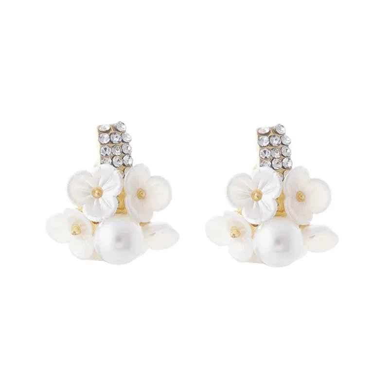 New Luxury Vintage Imitation Shell Flower Zircon Pearl Shell Flower Stud Earrings Women Fashion Elegant Jewelry Accessories
