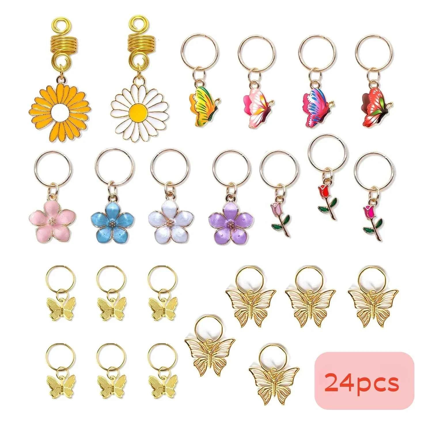 24 pieces of flower butterfly hair accessory pendant set, hair buckle and hair ring, colorful flowers, dazzling butterflies