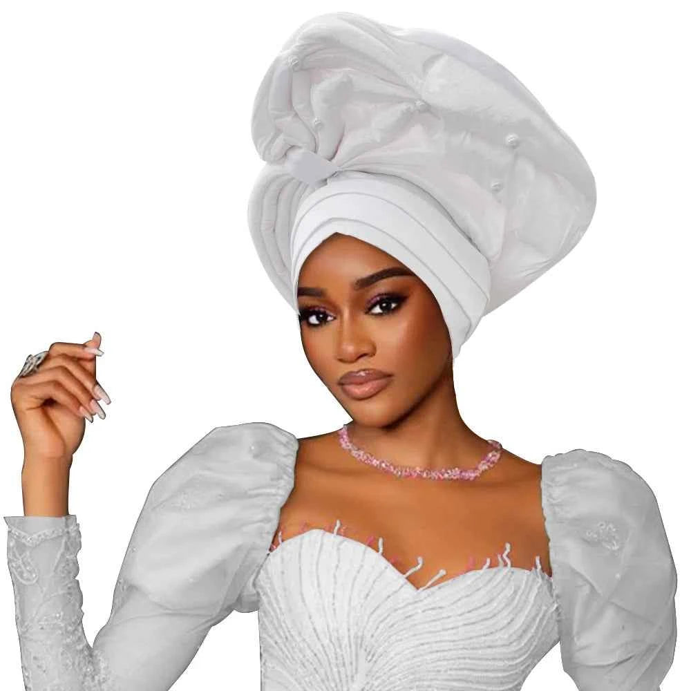 African Female Head Wraps Raw Silk Turban Cap for Women Nigeria Wedding Party Headcover Hat Ready to Wear Head Ties