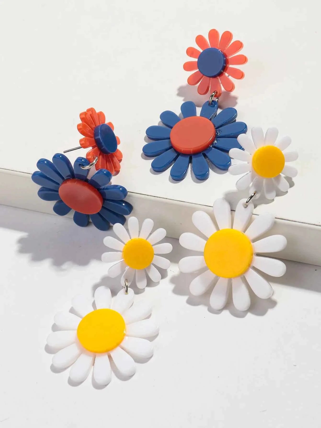 Boho Colorful Acrylic Sunflower Women's Earrings 2024 Trendy Geometric Daisy Flower Long Drop Earring Cute Simple Jewelry Gifts