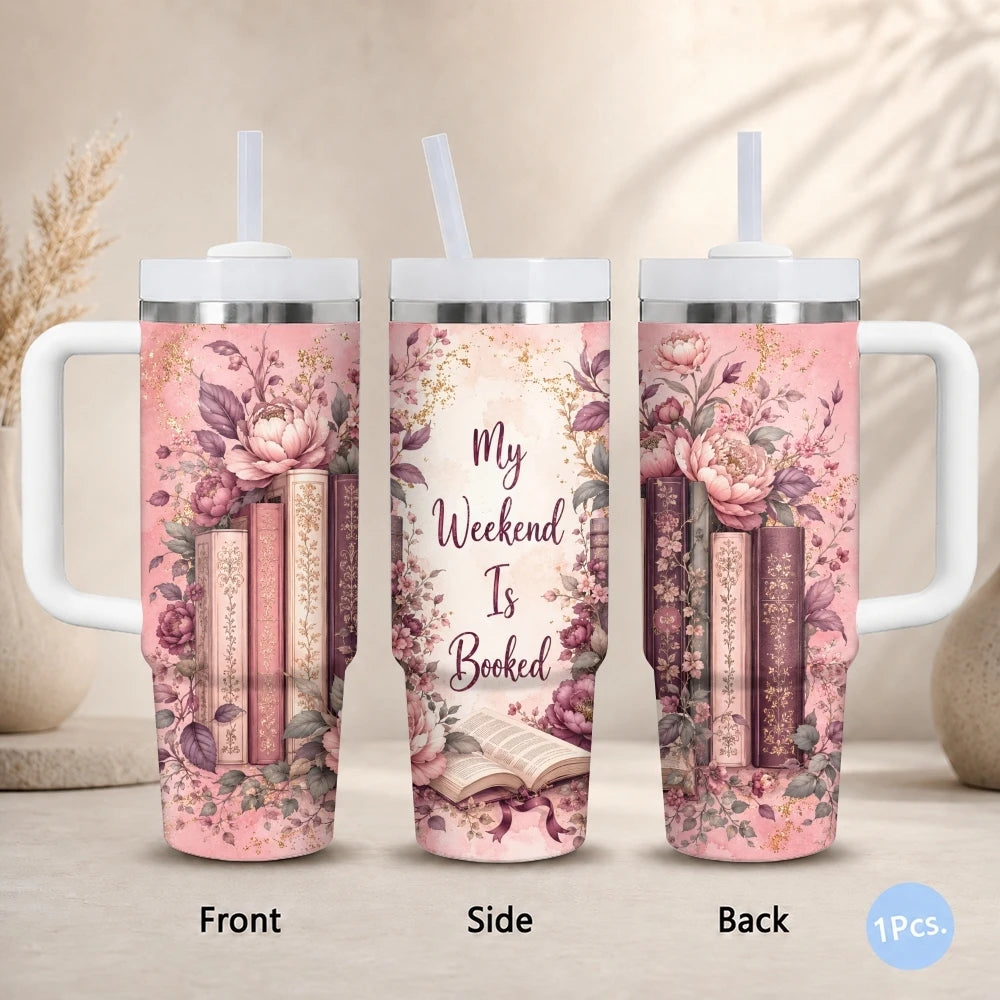 Floral & Book Lover 40oz Tumbler – Insulated Stainless Steel Cup with Straw