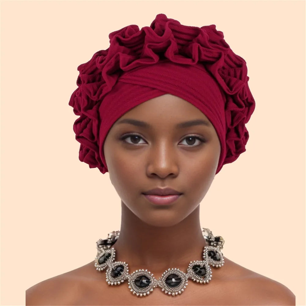 Ruffled Turban Cap Women's Head Wraps Soft Comfortable Headscarf Bonnet Lady Soild Color Headgear - NamafadStore