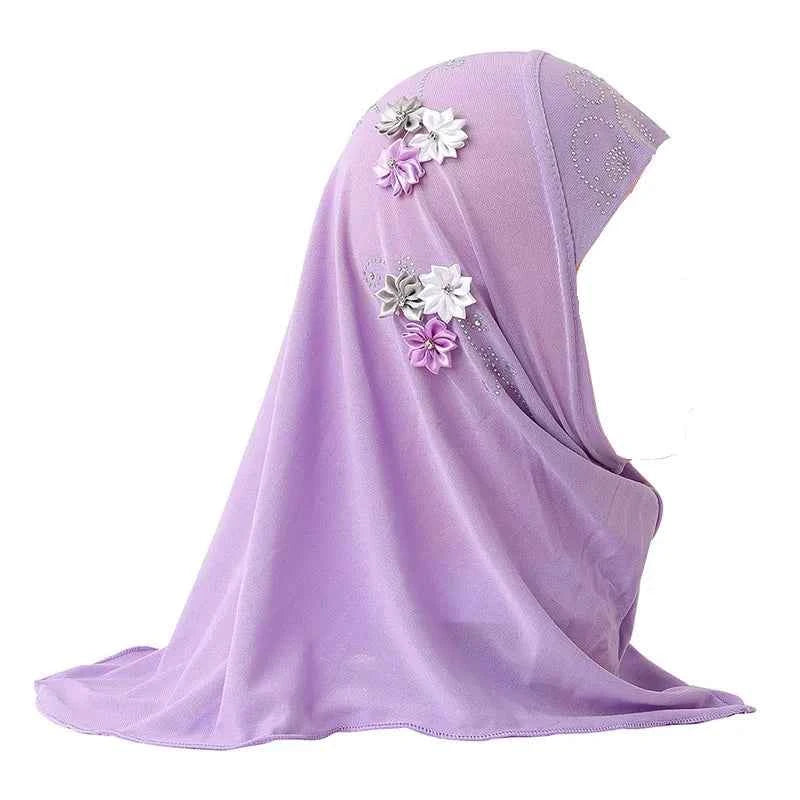 Kids Hijab for Girls Muslim Instant Hijabs Ready To Wear Islamic Shawls Turban with Flowers Scarfs Jersey Head Wrap (2-7 Y)