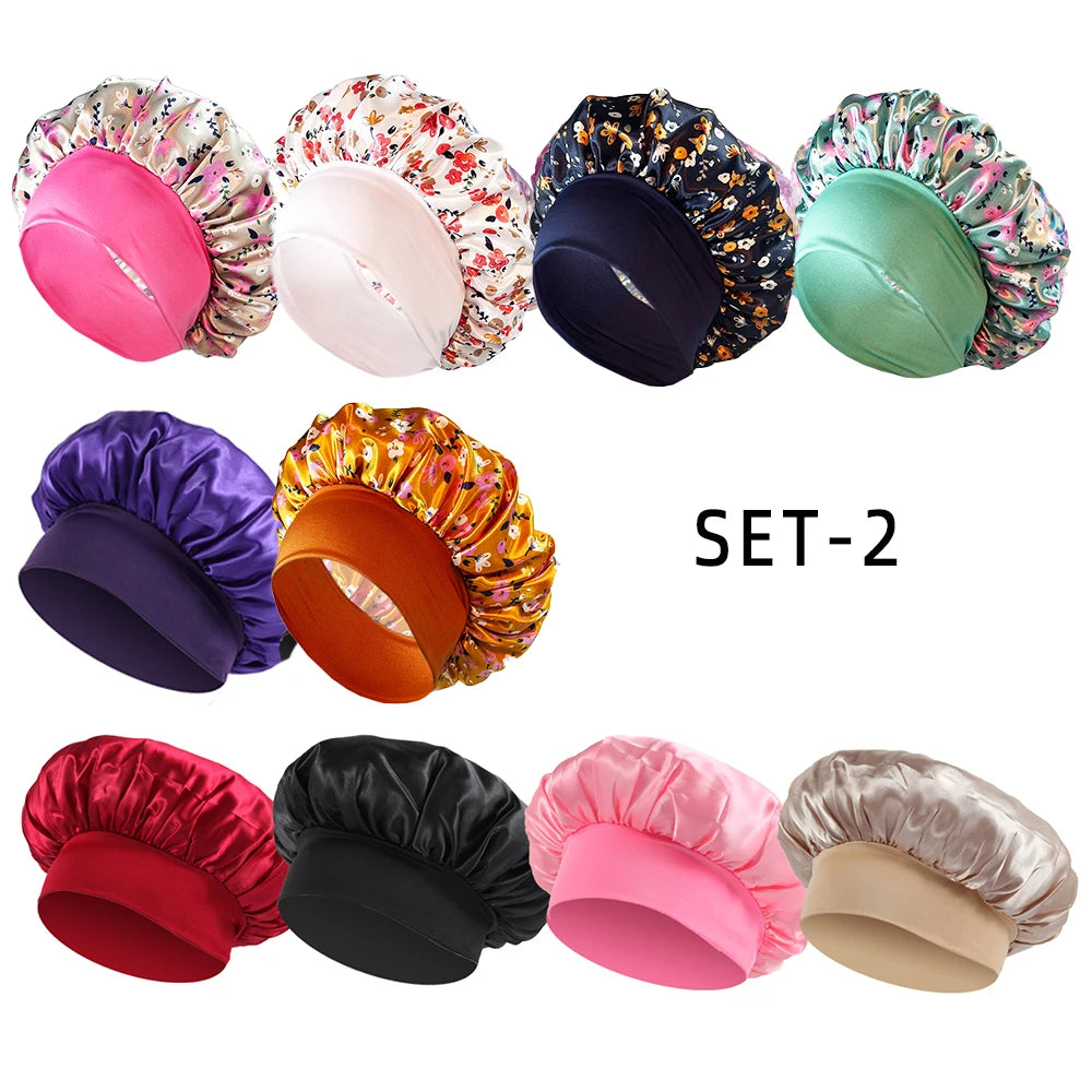 10PCS Women Satin Bonnet Elastic Wide Band Night Sleep Hat Solid Floral Printed Soft Silk Cap Set Beauty Salon Hair Care Hats - NamafadStore
