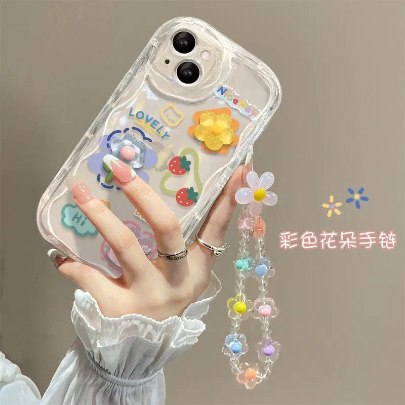 3D Cartoon Cute Flower Case For iPhone 16 15 14 Plus 13 12 Mini 11 Pro XR XS Max cover With Wrist Chain