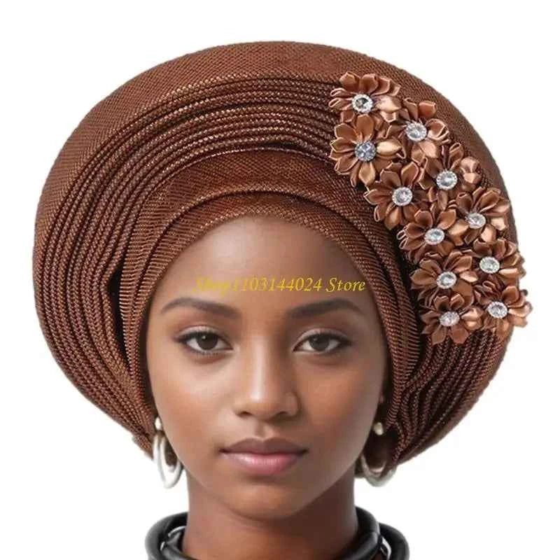 N5KE Flower Turban Hat African Headwrap Hat Formal Event Wedding Multilayer Turban