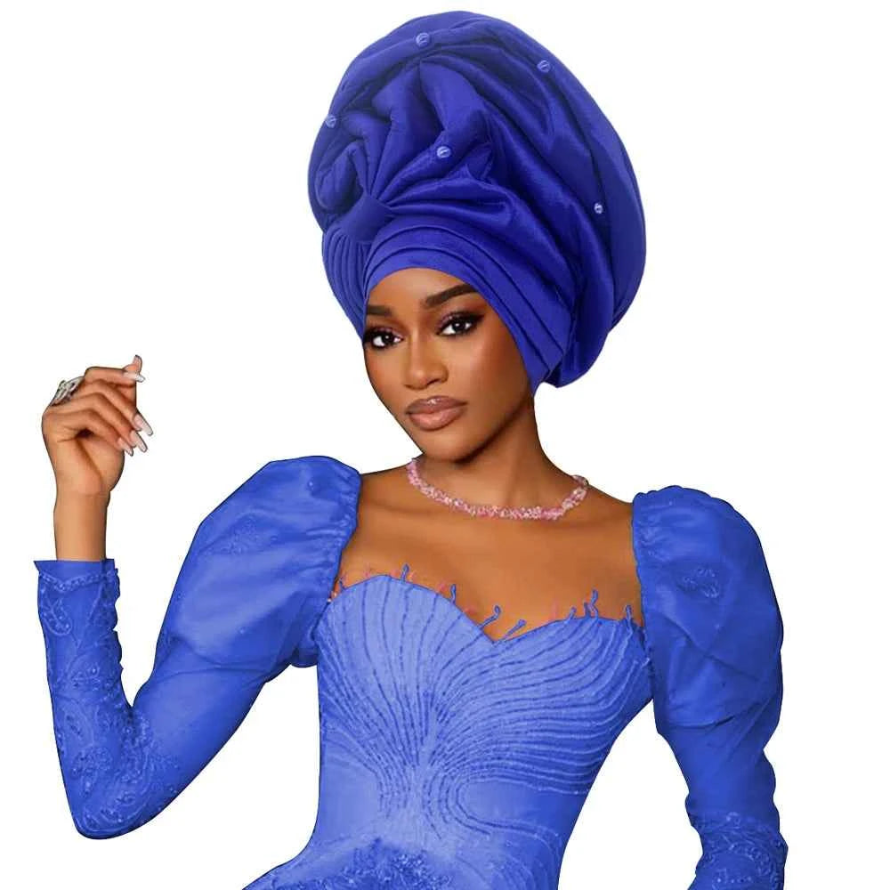 African Female Head Wraps Raw Silk Turban Cap for Women Nigeria Wedding Party Headcover Hat Ready to Wear Head Ties