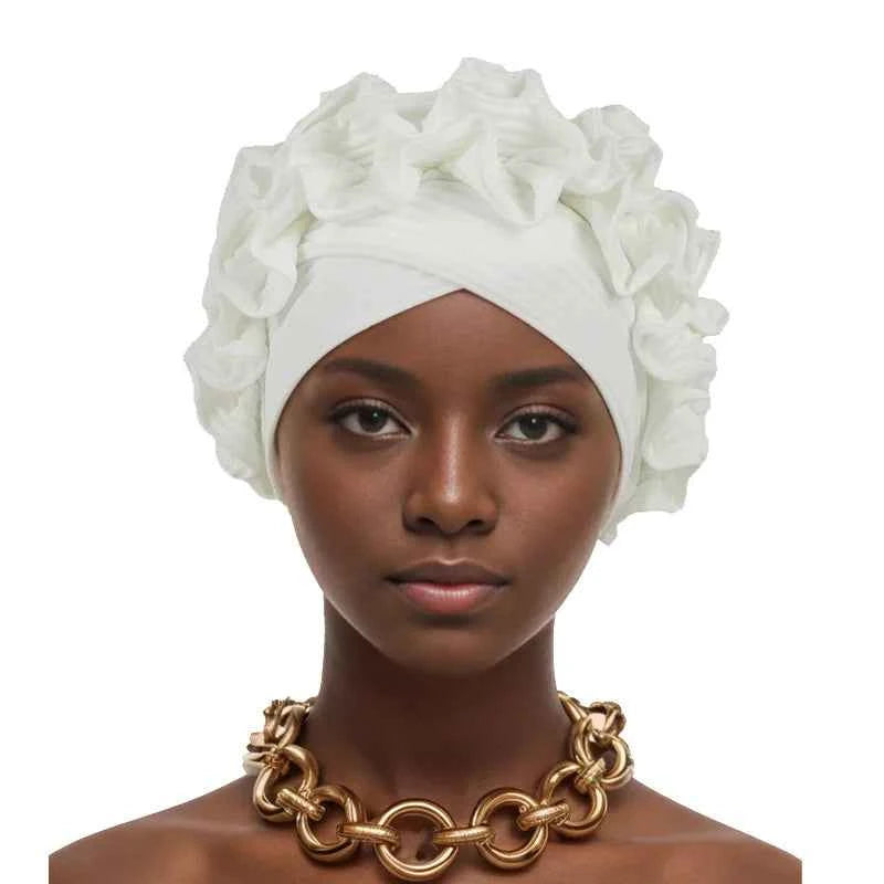 Ruffle Flower Women’s Turban Cap – African & Indian Headwrap, Muslim Bonnet Headscarf