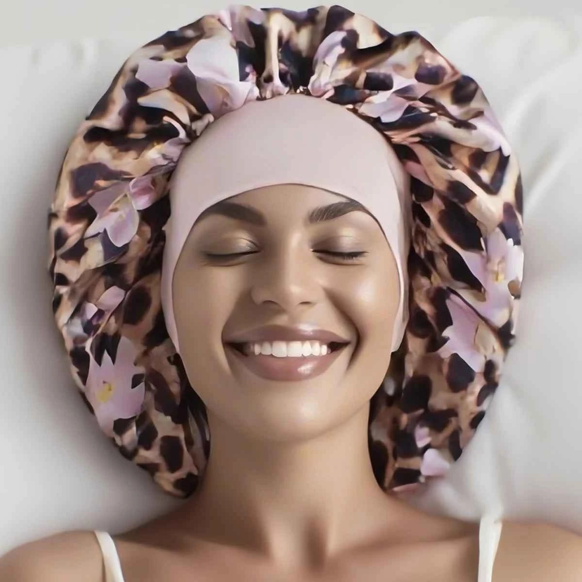 1PC Women's Leopard Print Satin Sleep Bonnet - Adjustable Night Cap for Hair Protection While Sleeping