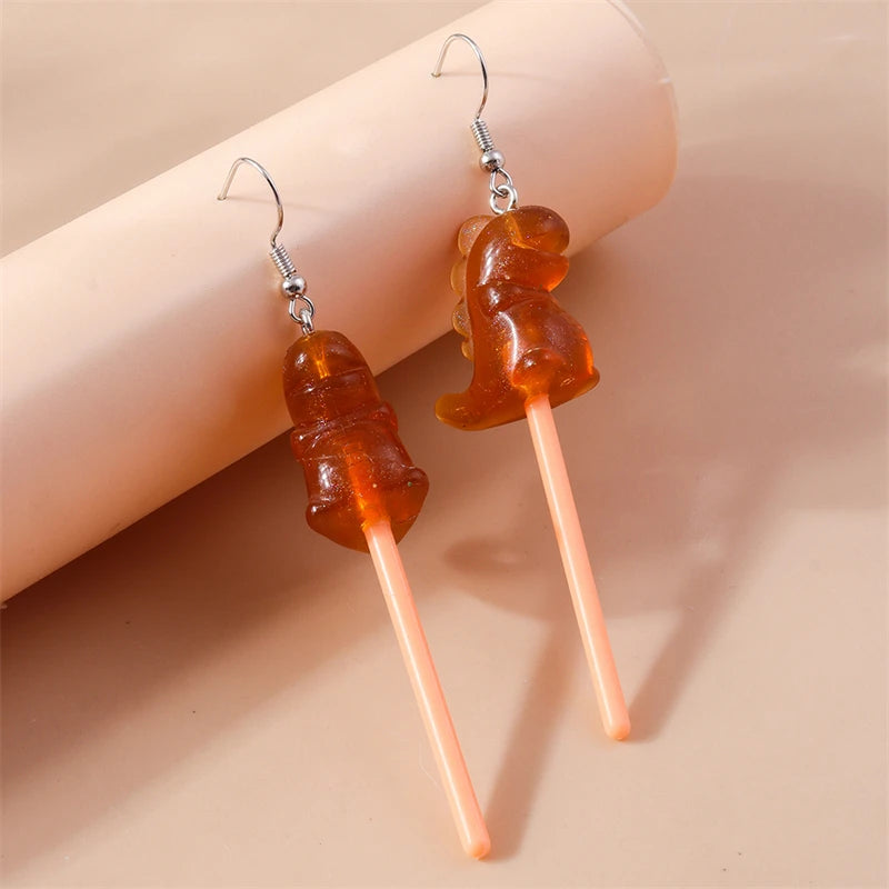 Sweet Candy Color Lollipop Drop Earrings for Women Funny Simulation Food Flower Dinosaur Dangle Hook Earrings Girls Jewelry Gift