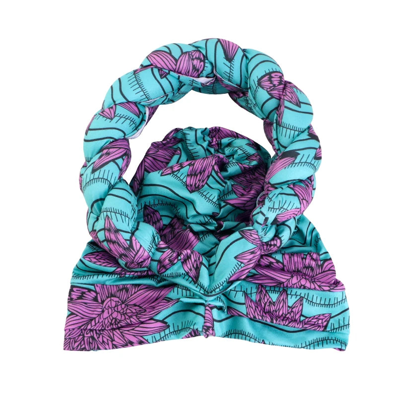 New African Print Twisted Large Braid Turban Hat Muslim Hijab Hat Elastic Head Wraps Headscarf Ramadan Headscarf Beanie Hats - NamafadStore