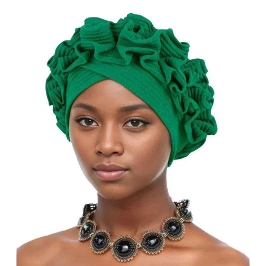 Ruffle Flower Women’s Turban Cap – African & Indian Headwrap, Muslim Bonnet Headscarf